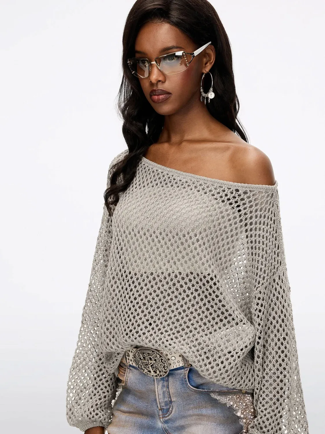 Miss Sixty Shimmering Mesh Knit Top strikbluse black palietter