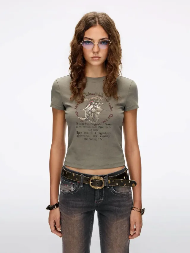 Miss Sixty Mermaid-Print T-shirt grøn slim fit bomuld
