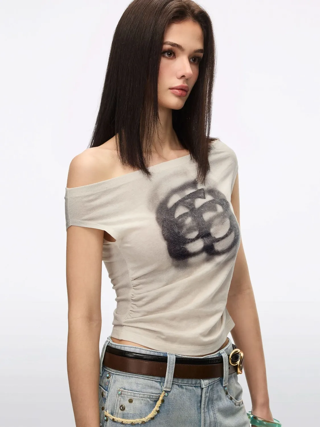 Miss Sixty off-shoulder t-shirt vintage kakifarvet