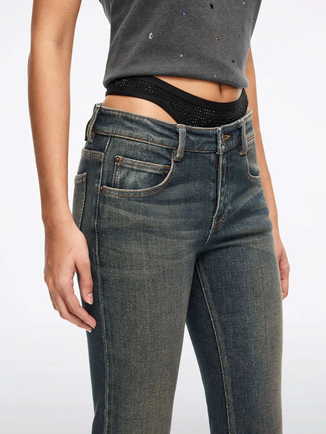 Miss Sixty Patchwork Flare Jeans mørkeblå stretch