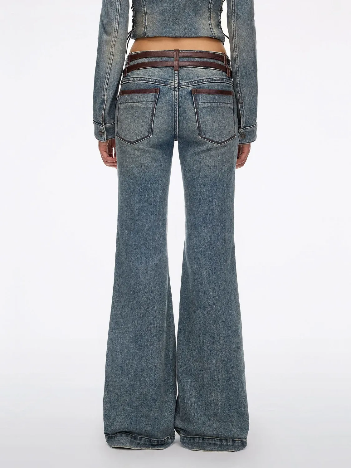 Miss Sixty Leather Panel Flare jeans blå – læder og bælte