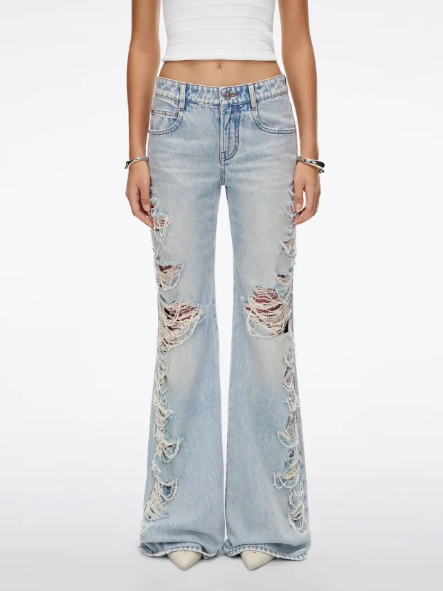 Miss Sixty Distressed Pearl-Embellished Flare Jeans light blue