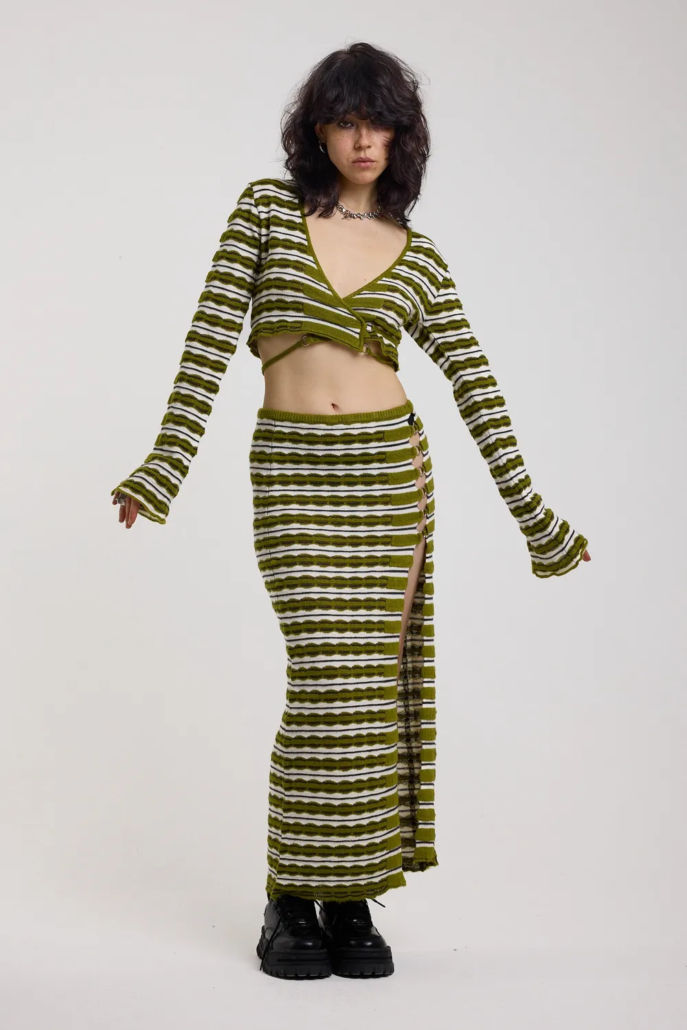 The Ragged Priest Scald Grunge Stripe strik nederdel maxi grøn