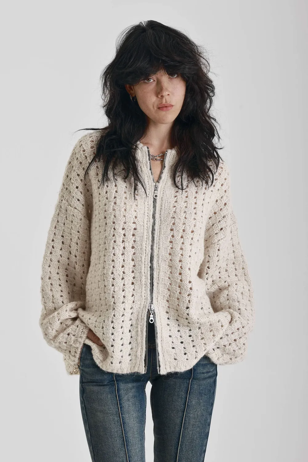 THE RAGGED PRIEST Folk oversized cardigan ecru med lynlås