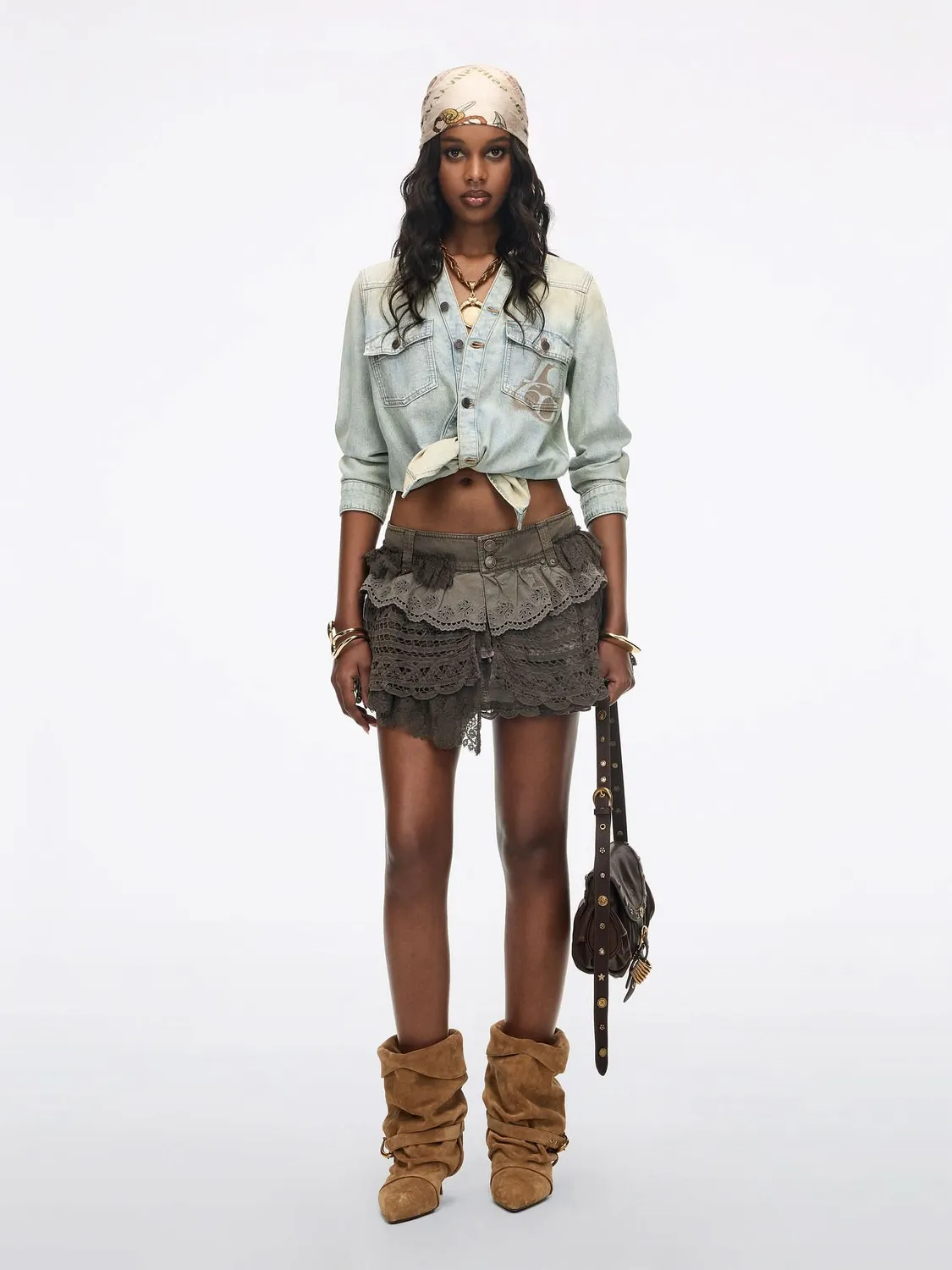 Miss Sixty Patchwork Lace denimnederdel kaffe lav talje
