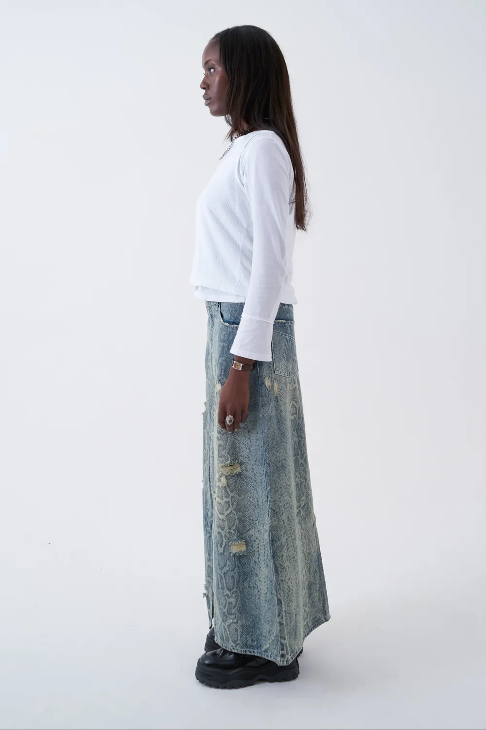 The Ragged Priest Skin Snakeskin Print denimnederdel maxi