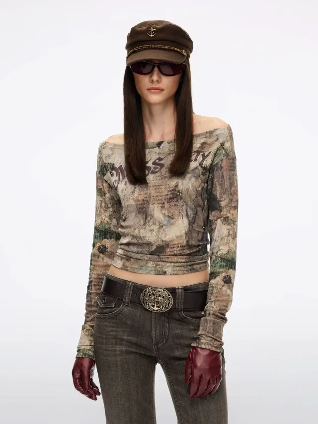 Miss Sixty Graphic langaermet t-shirt grey apricot kort