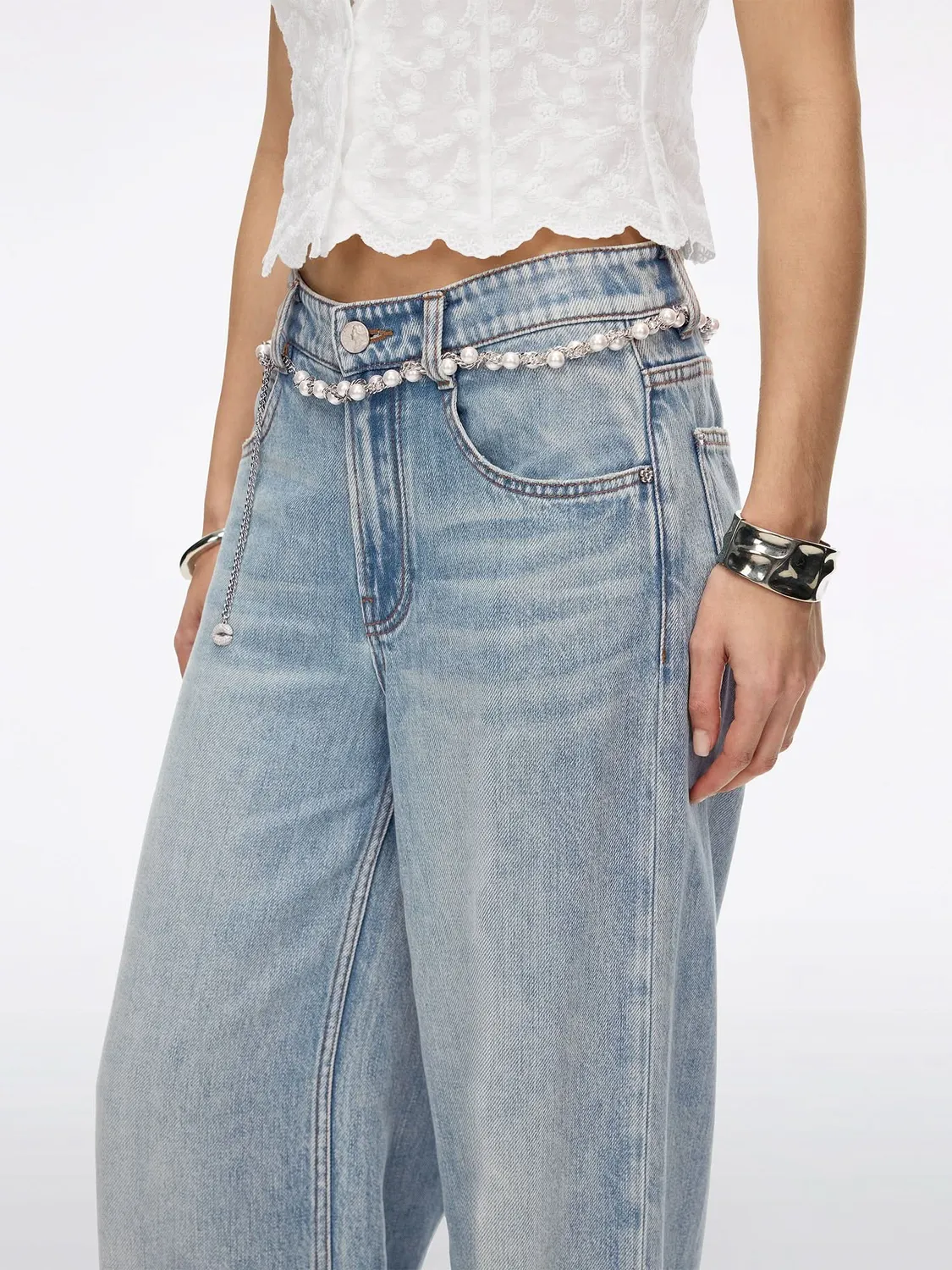 Miss Sixty straight jeans mellemblå med perlekæde