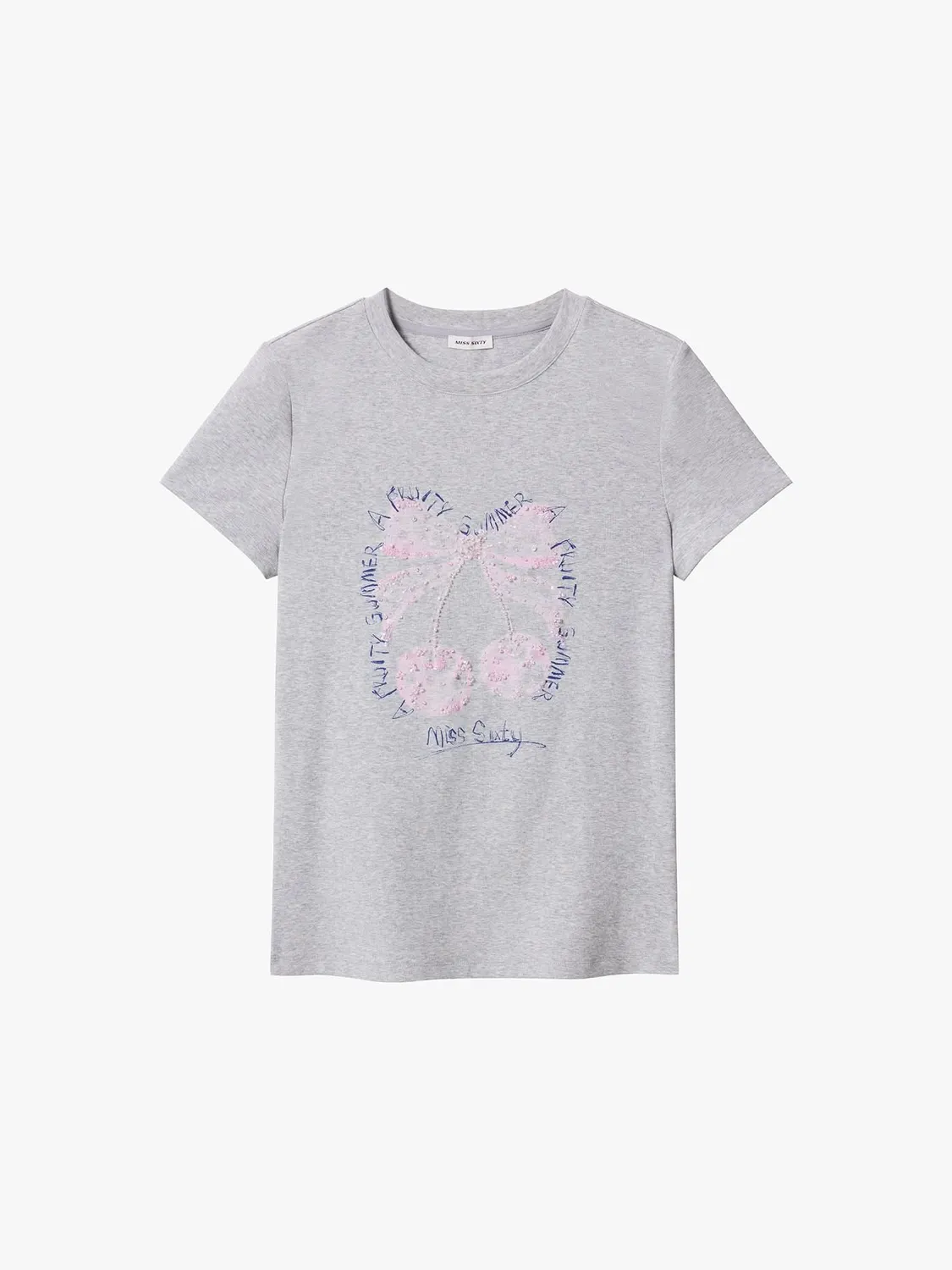 Miss Sixty t-shirt grå perlebroderi kirsebær slank