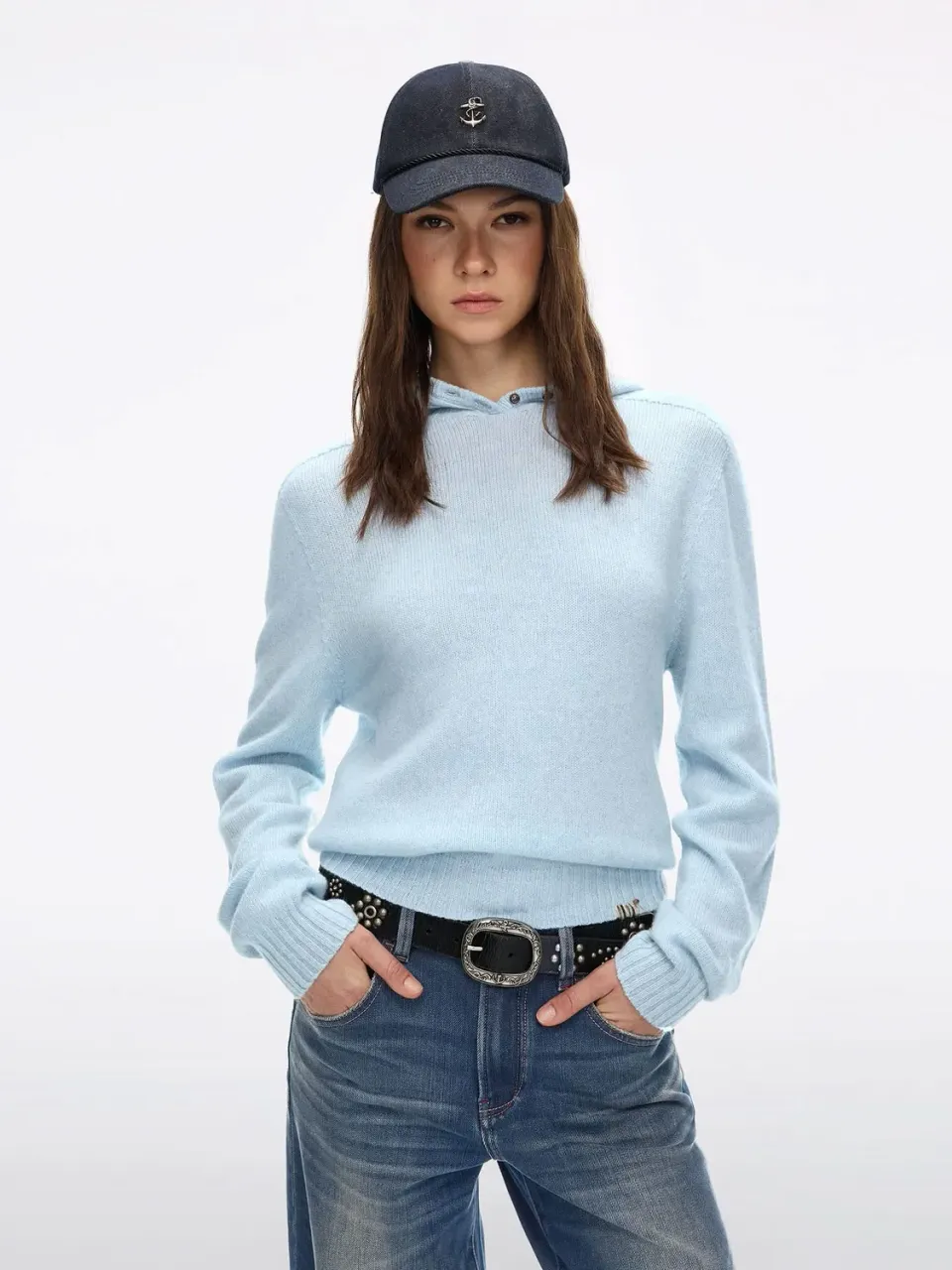 Miss Sixty Hooded Wool Knit Top striktrøje pastel blue uld
