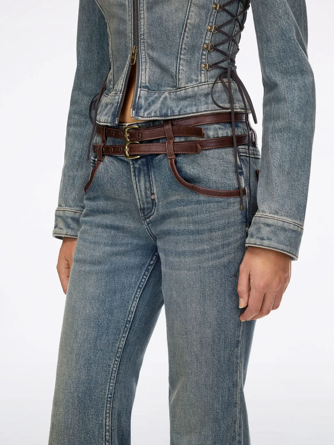 Miss Sixty Leather Panel Flare jeans blå – læder og bælte