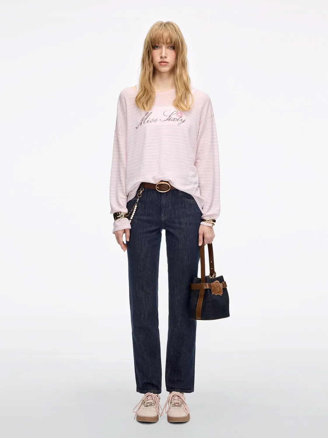Miss Sixty Logo Knit Top strikbluse lyserød hvid hørblanding