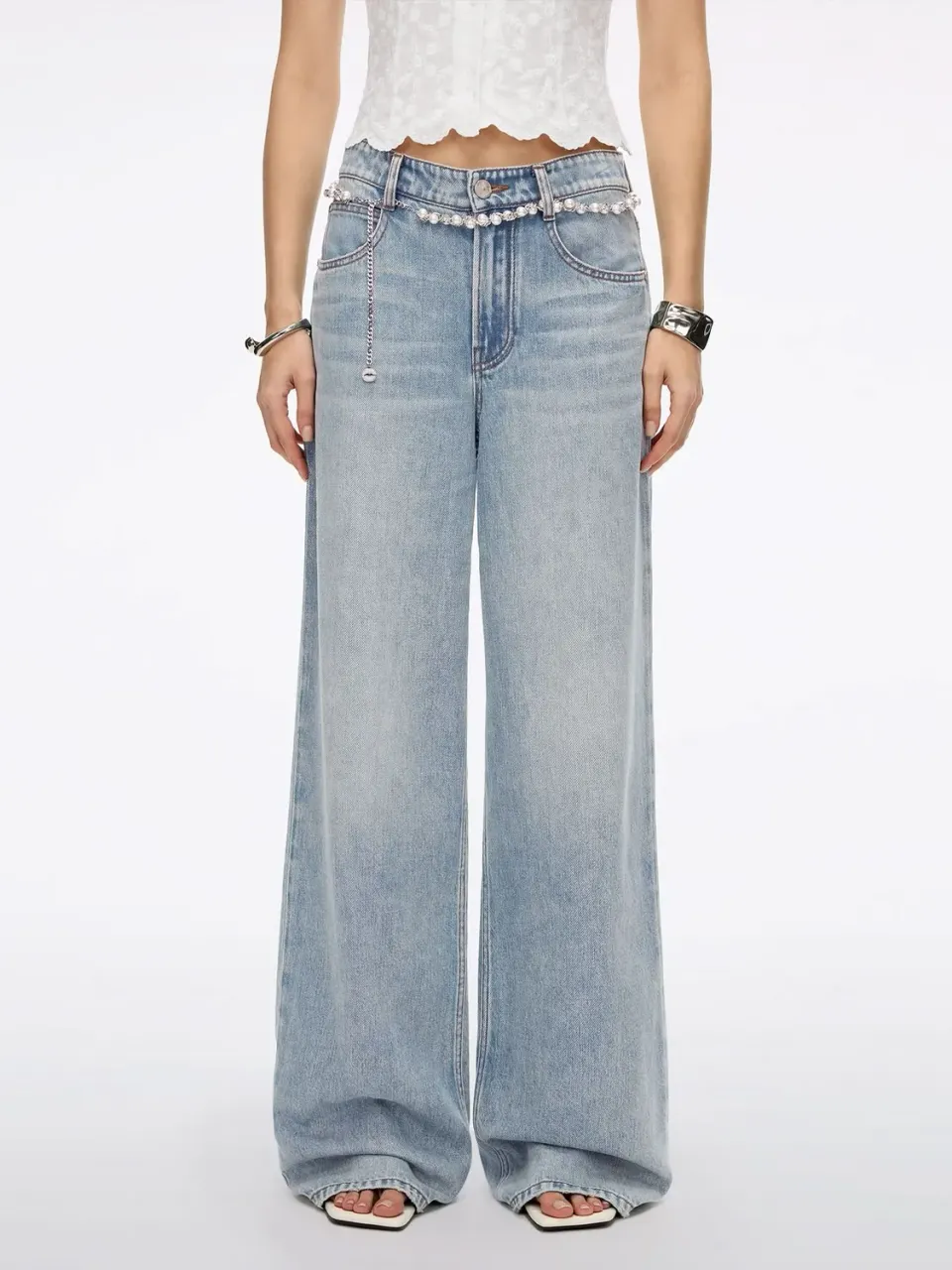 Miss Sixty straight jeans mellemblå med perlekæde