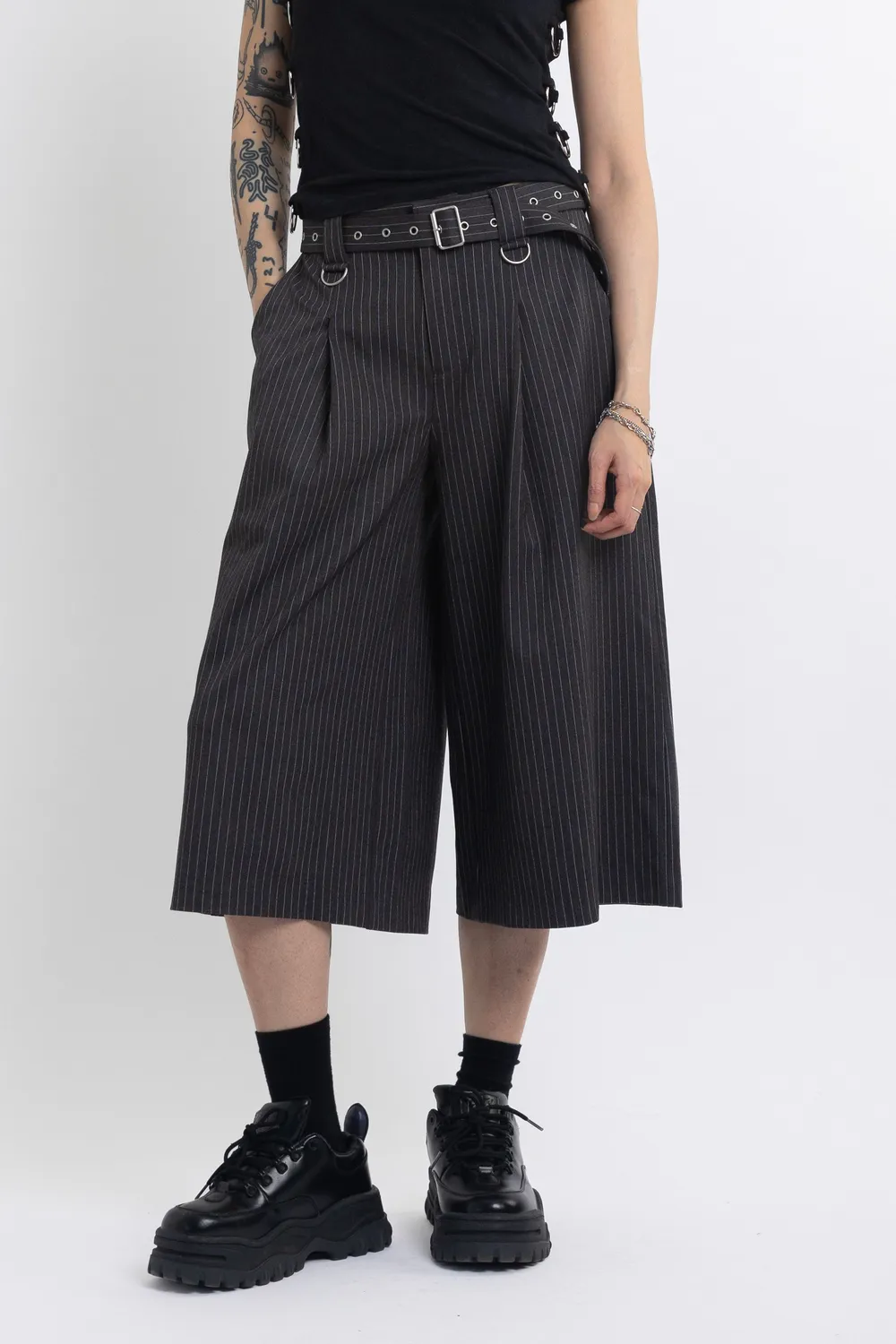 The Ragged Priest Trader Pinstripe longline tailored shorts