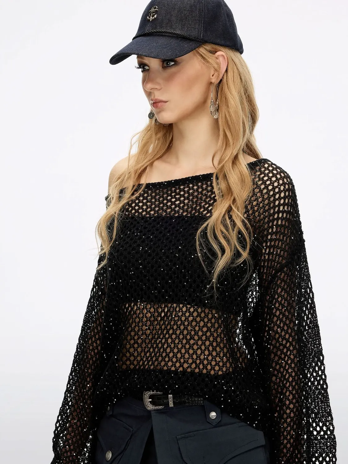 Miss Sixty Shimmering Mesh Knit Top strikbluse black palietter