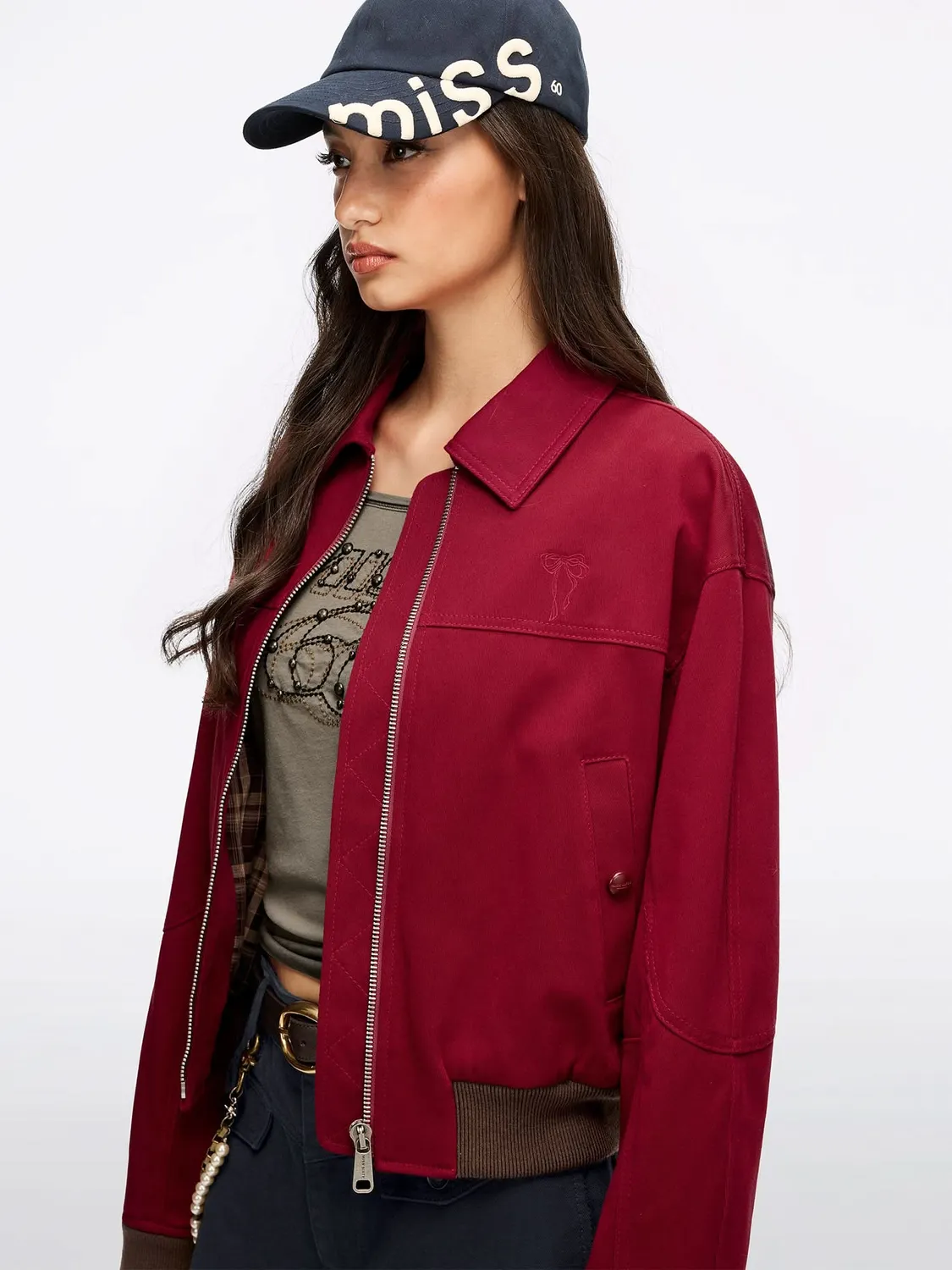 Miss Sixty Embroidered jakke dark red cropped sløjfe