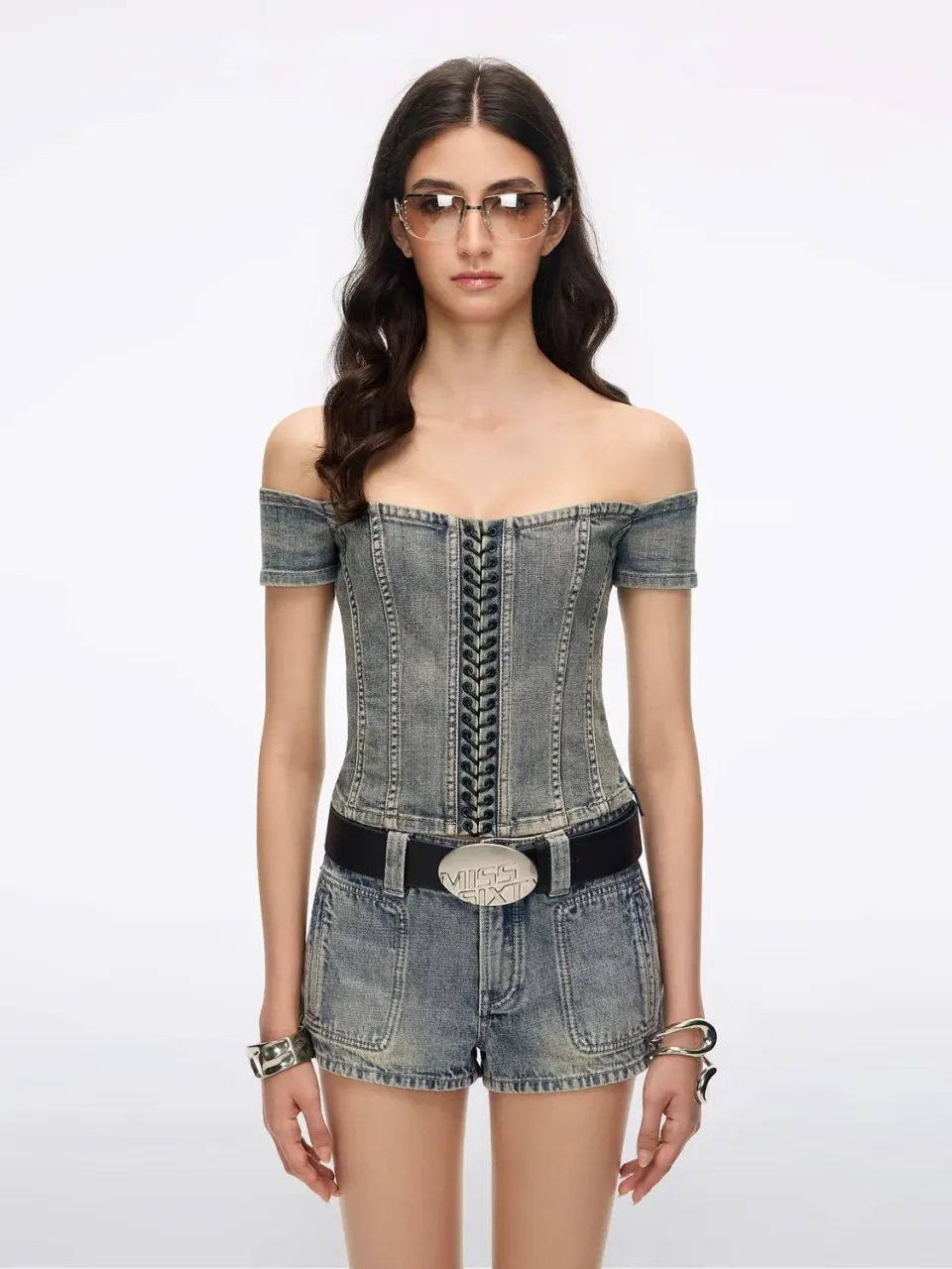 Miss Sixty 6M2XJ42000F89 off-shoulder skjorte blå cropped