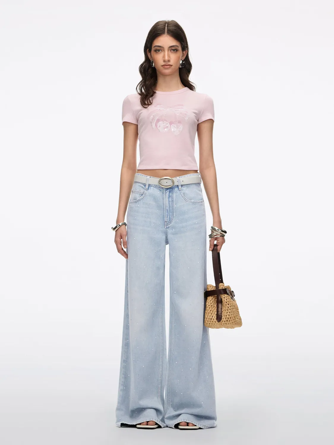 Miss Sixty Wide-Leg jeans lyseblå perler strass
