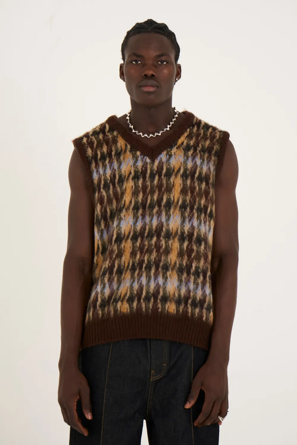 The Ragged Priest Cub Houndstooth strikvest brun oversize