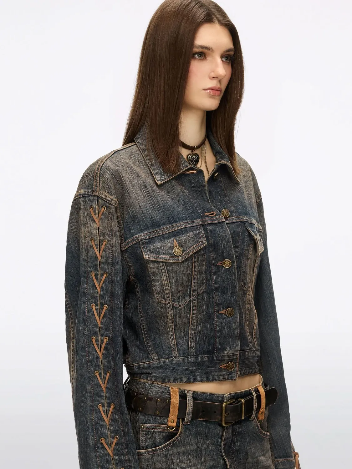 Miss Sixty denimjakke mørkeblå cropped bindebånd