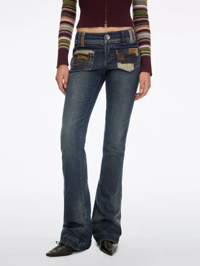 Miss Sixty flare jeans blå børstet læderpaneler
