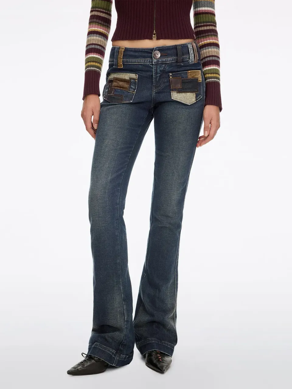 Miss Sixty flare jeans blå børstet læderpaneler