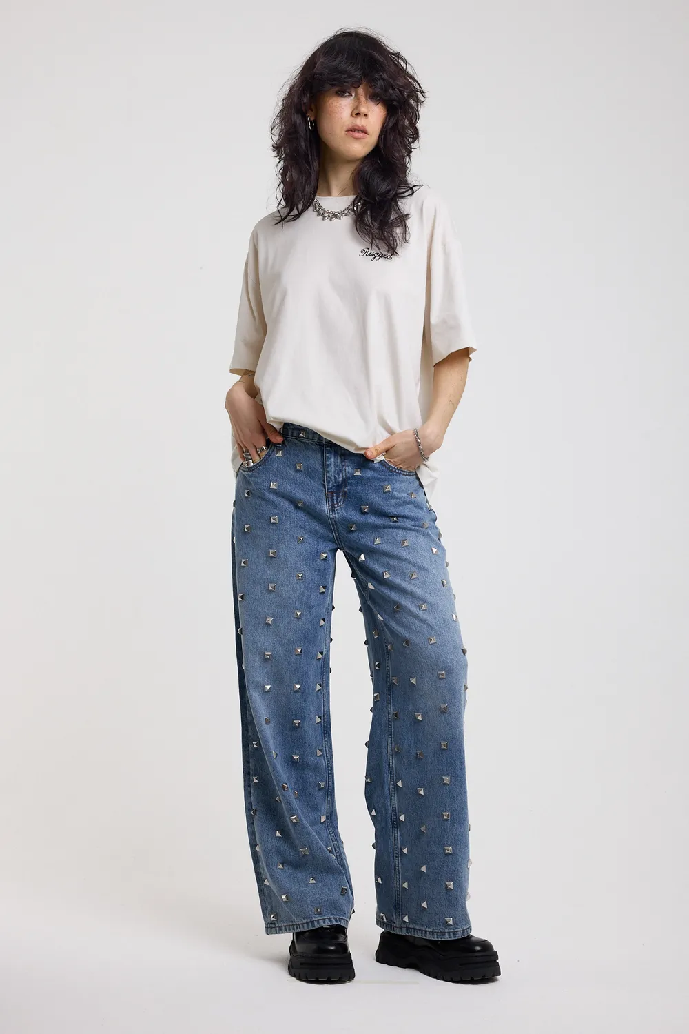 The Ragged Priest Clutter baggy jeans blå med nitter