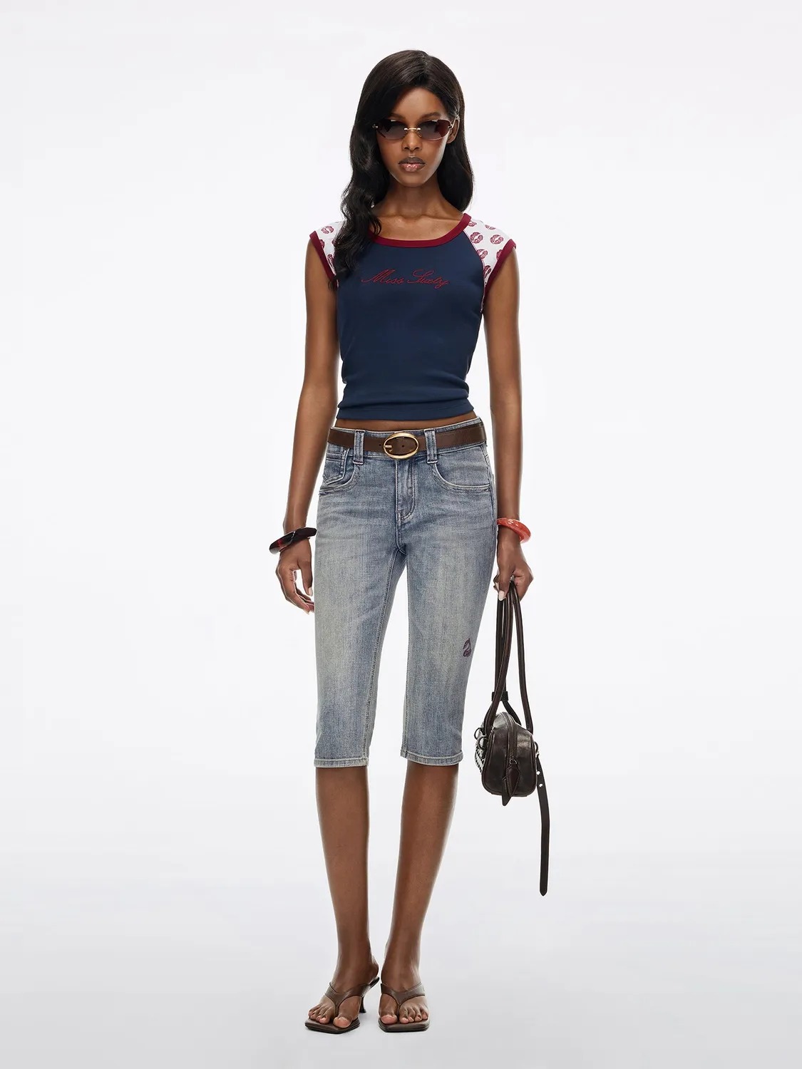 Miss Sixty cropped t-shirt navy læbeprint bomuld