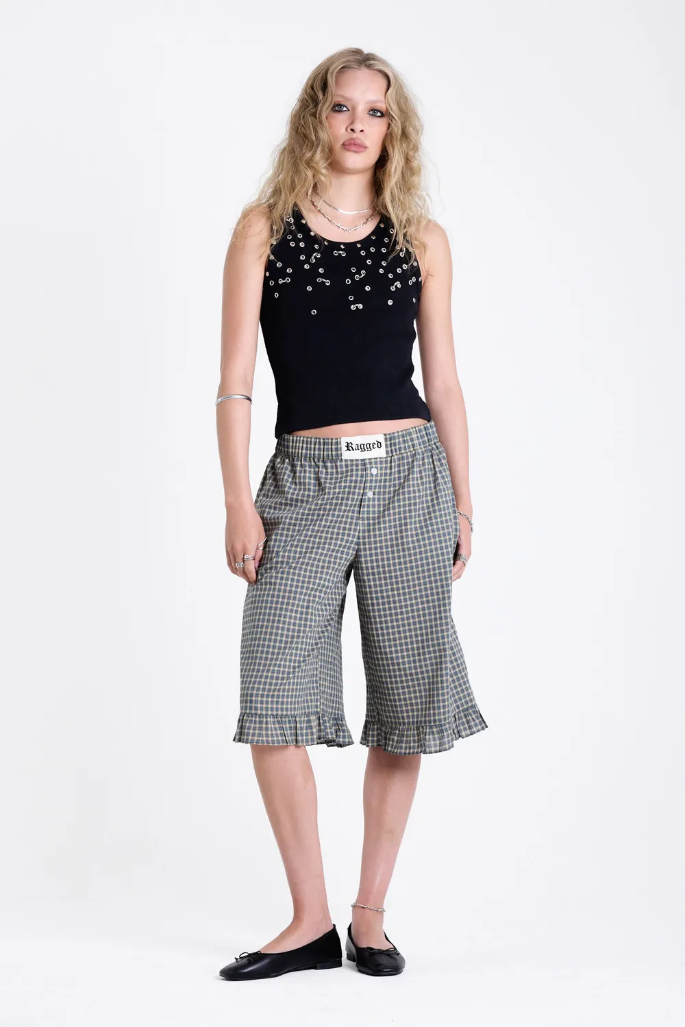 THE RAGGED PRIEST Drill Gingham capribukser grøn tern