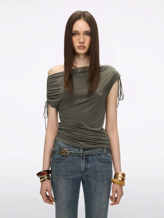 Miss Sixty Asymmetric Shoulder t-shirt army green snøre