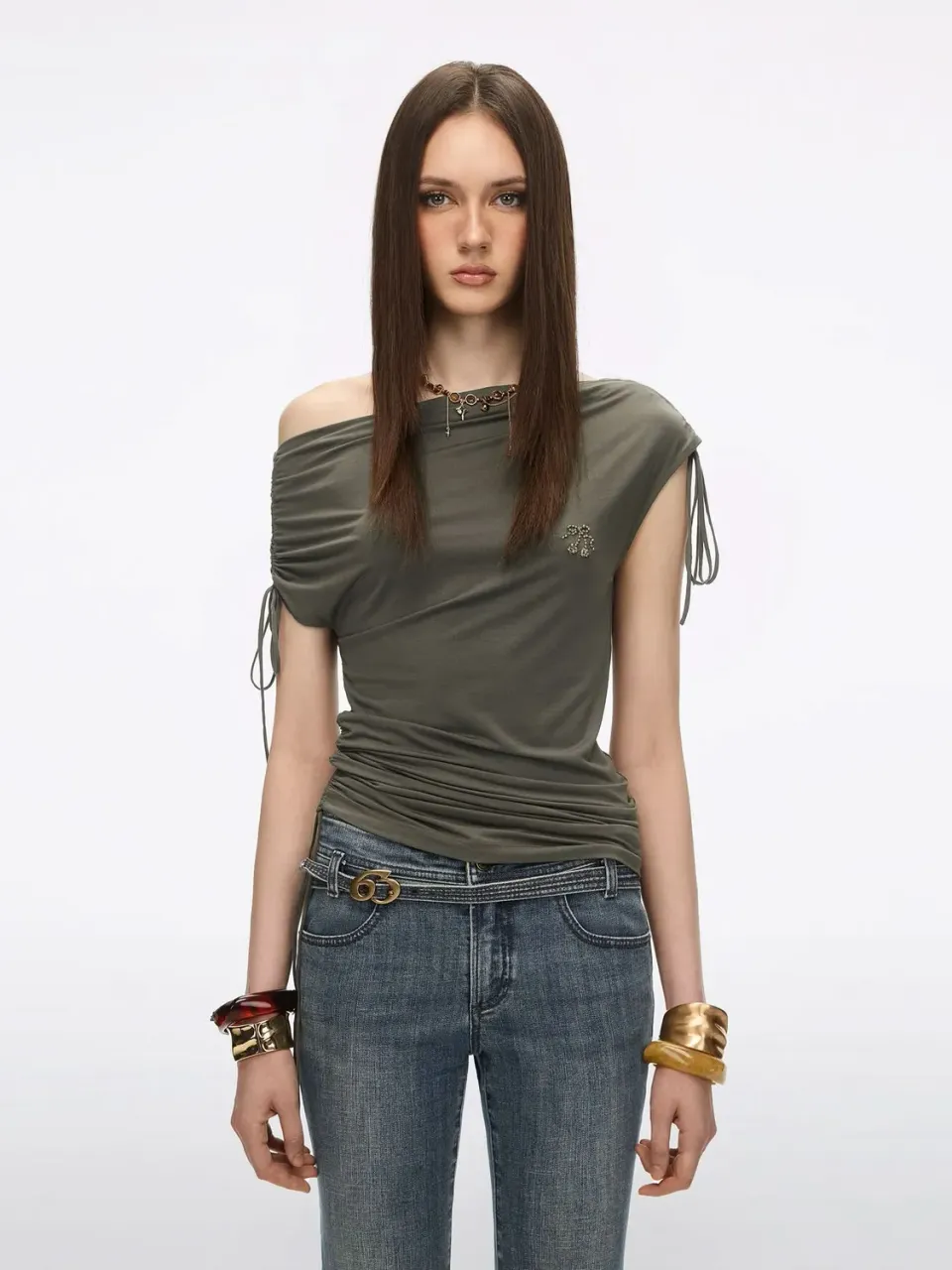 Miss Sixty Asymmetric Shoulder t-shirt army green snøre