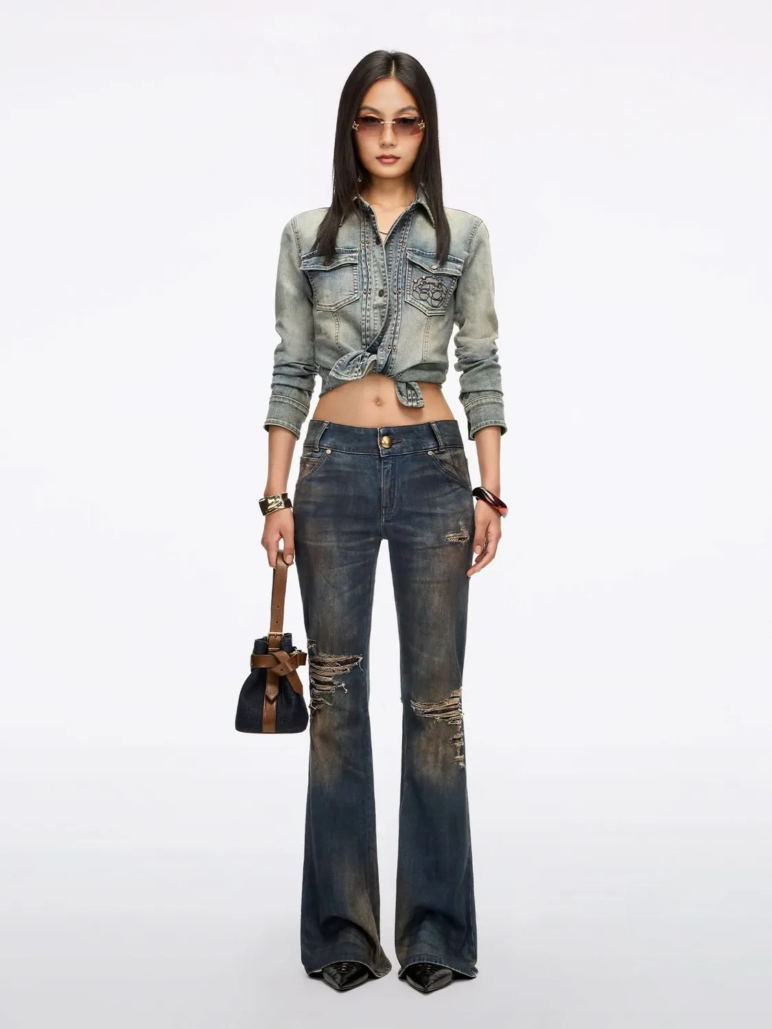 Miss Sixty Studded denimskjorte mørkeblå nitter