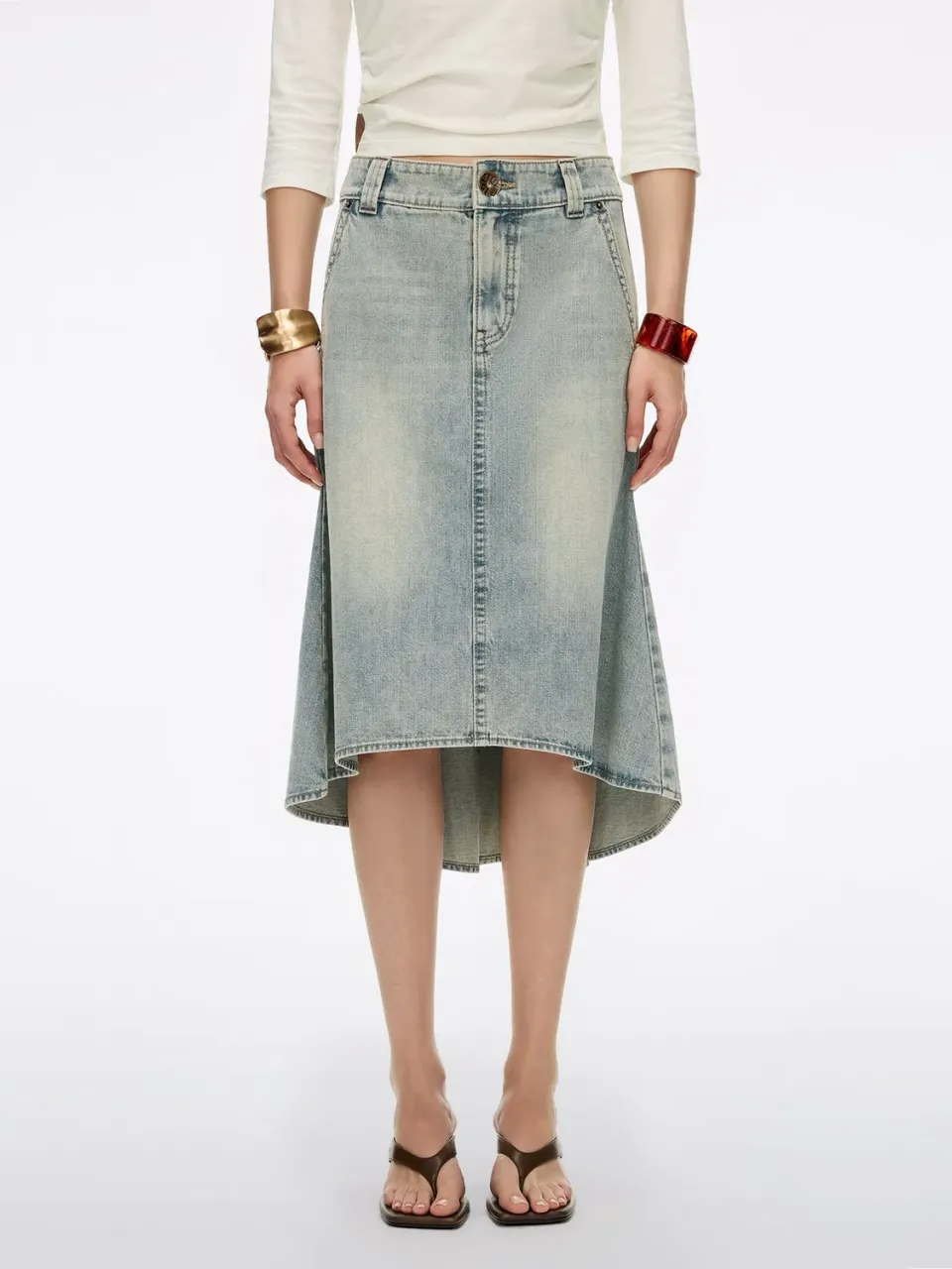 Miss Sixty denim midiskørt patchwork blå – A-line lav talje