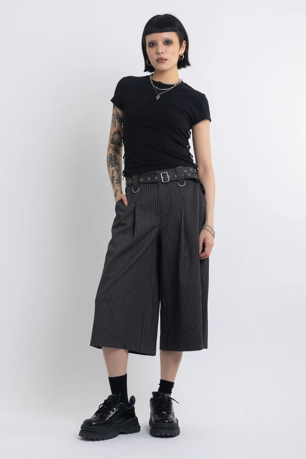 The Ragged Priest Trader Pinstripe longline tailored shorts