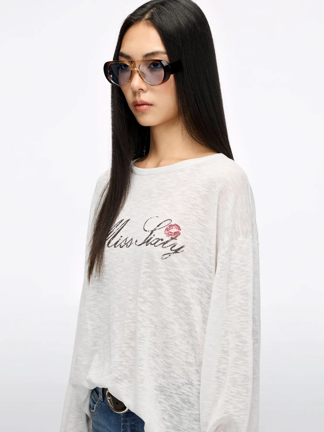 Miss Sixty Kiss Me Logo Knit strik top hvid/sort løs hørblanding