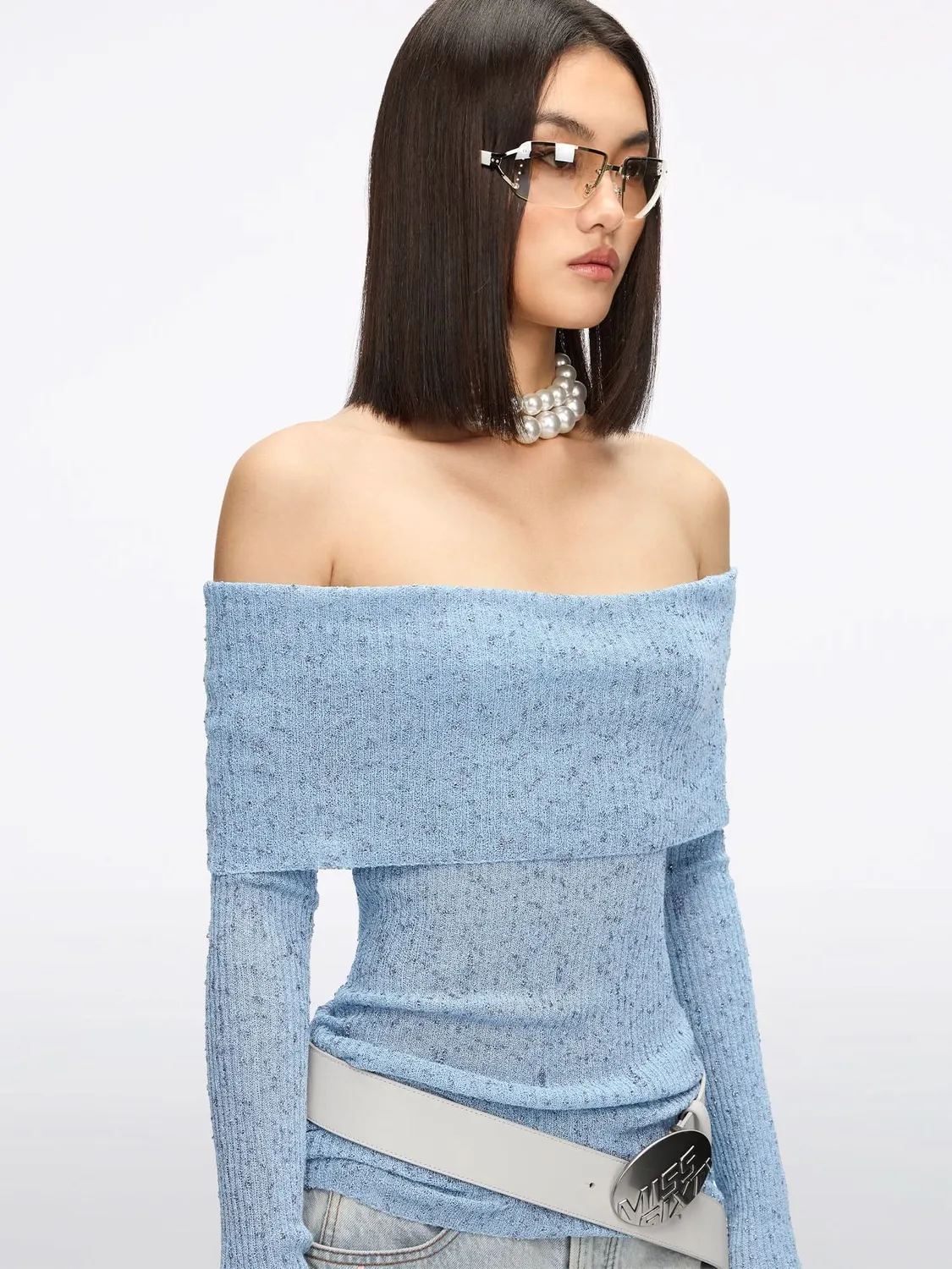 Miss Sixty strikbluse light blue off-shoulder