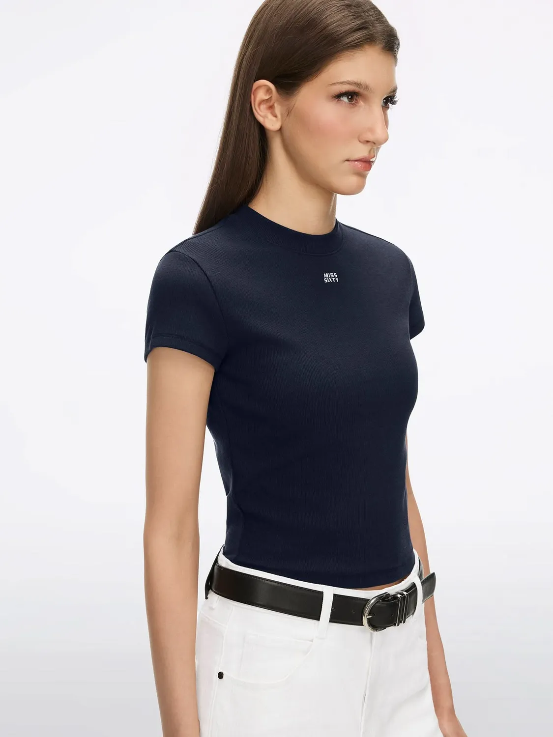 Miss Sixty cropped t-shirt lilla blå bomuld logo broderi