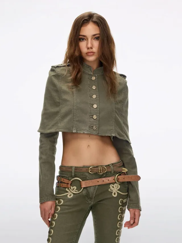 Miss Sixty cropped denimjakke armygrøn bomuld