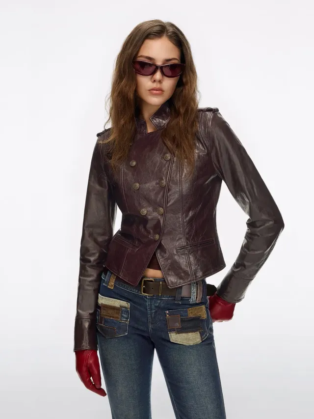 Miss Sixty Stand-Collar Biker læderjakke vinrød