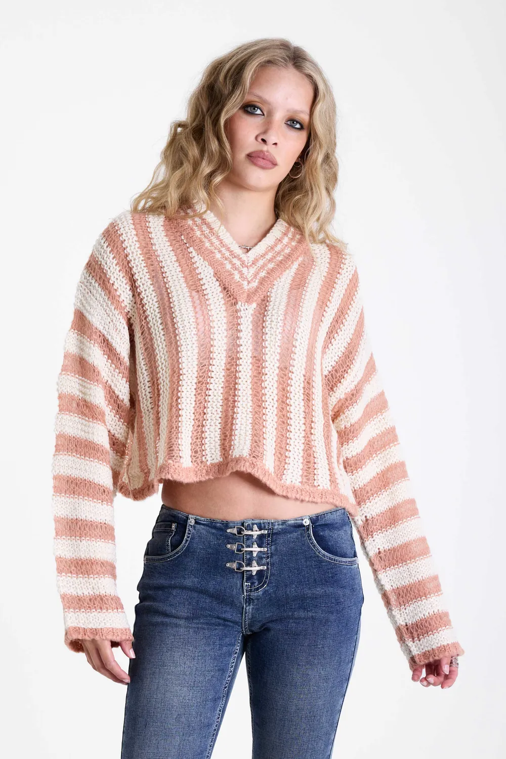 The Ragged Priest Plumb Stripe V-Neck strik lyserød
