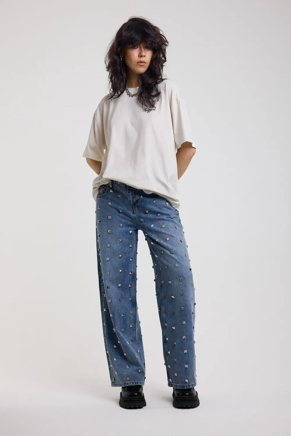 The Ragged Priest Clutter baggy jeans blå med nitter
