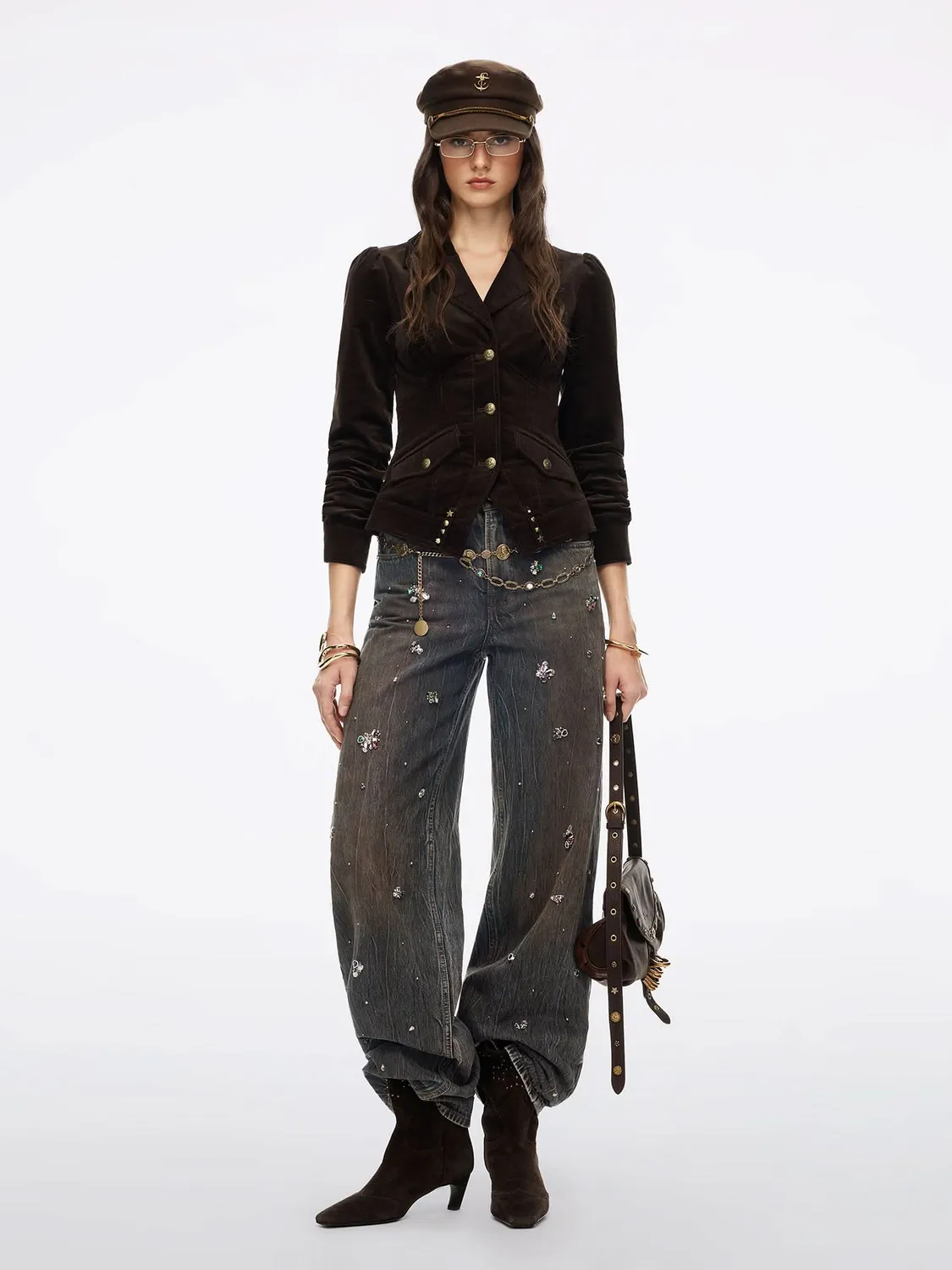 Miss Sixty Studded fløjlsjakke brun cropped