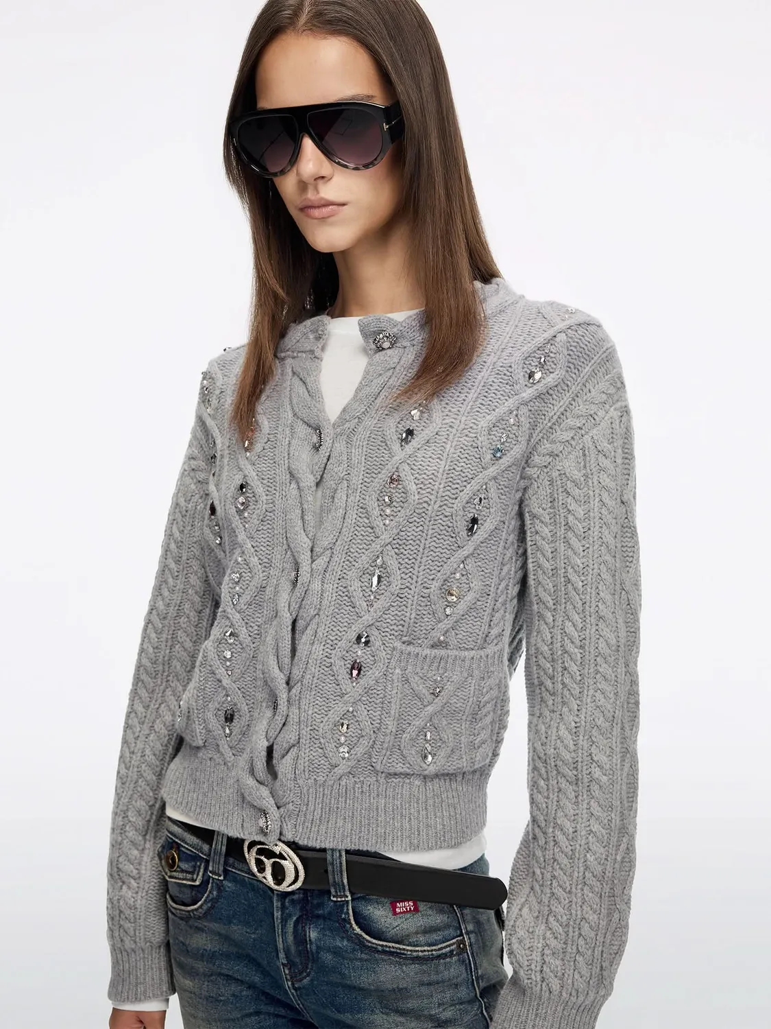 Miss Sixty Beaded strik cardigan heather grey uld