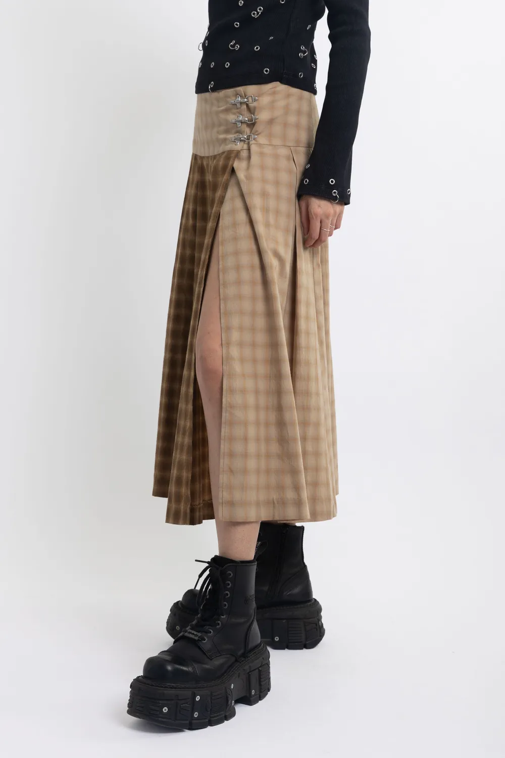 The Ragged Priest Pull Spliced Check Kilt midi nederdel beige