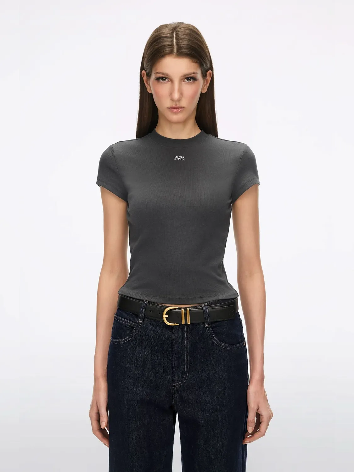 Miss Sixty cropped t-shirt lilla blå bomuld logo broderi