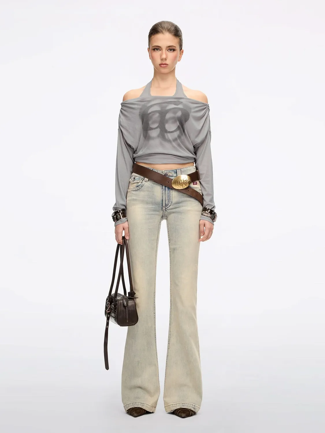 Miss Sixty Distressed Flare Jeans lysegråblå stretch