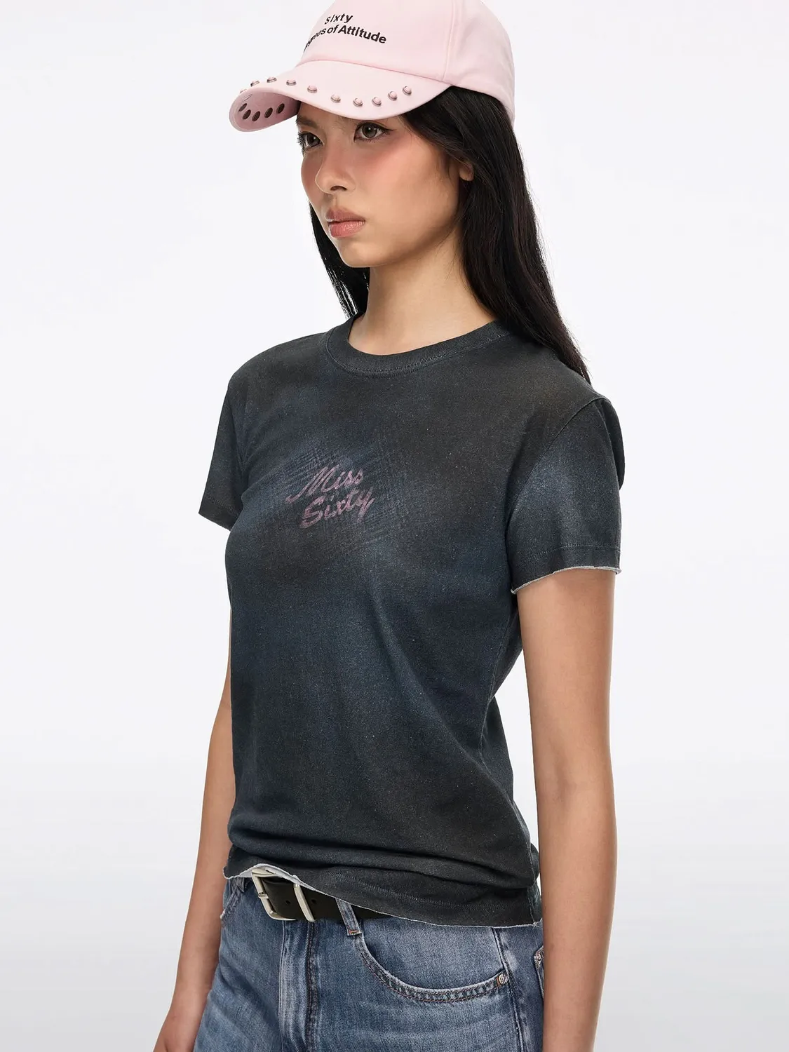 Miss Sixty Distressed Logo T-Shirt beige regular hør