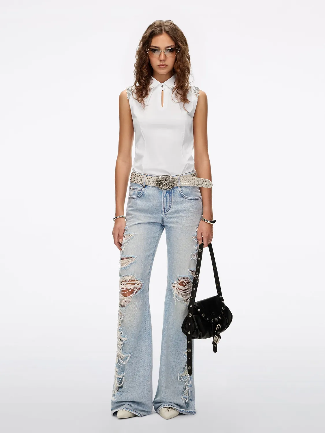 Miss Sixty Distressed Pearl-Embellished Flare Jeans light blue