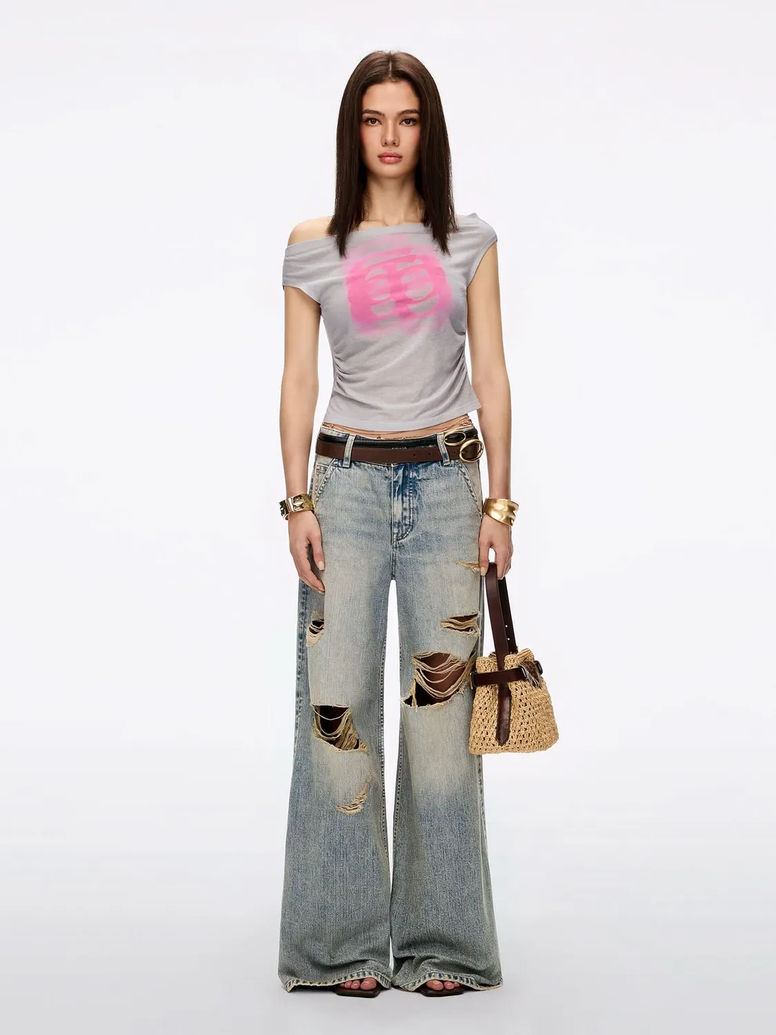 Miss Sixty Off-Shoulder Logo T-shirt retrogrå hørblanding