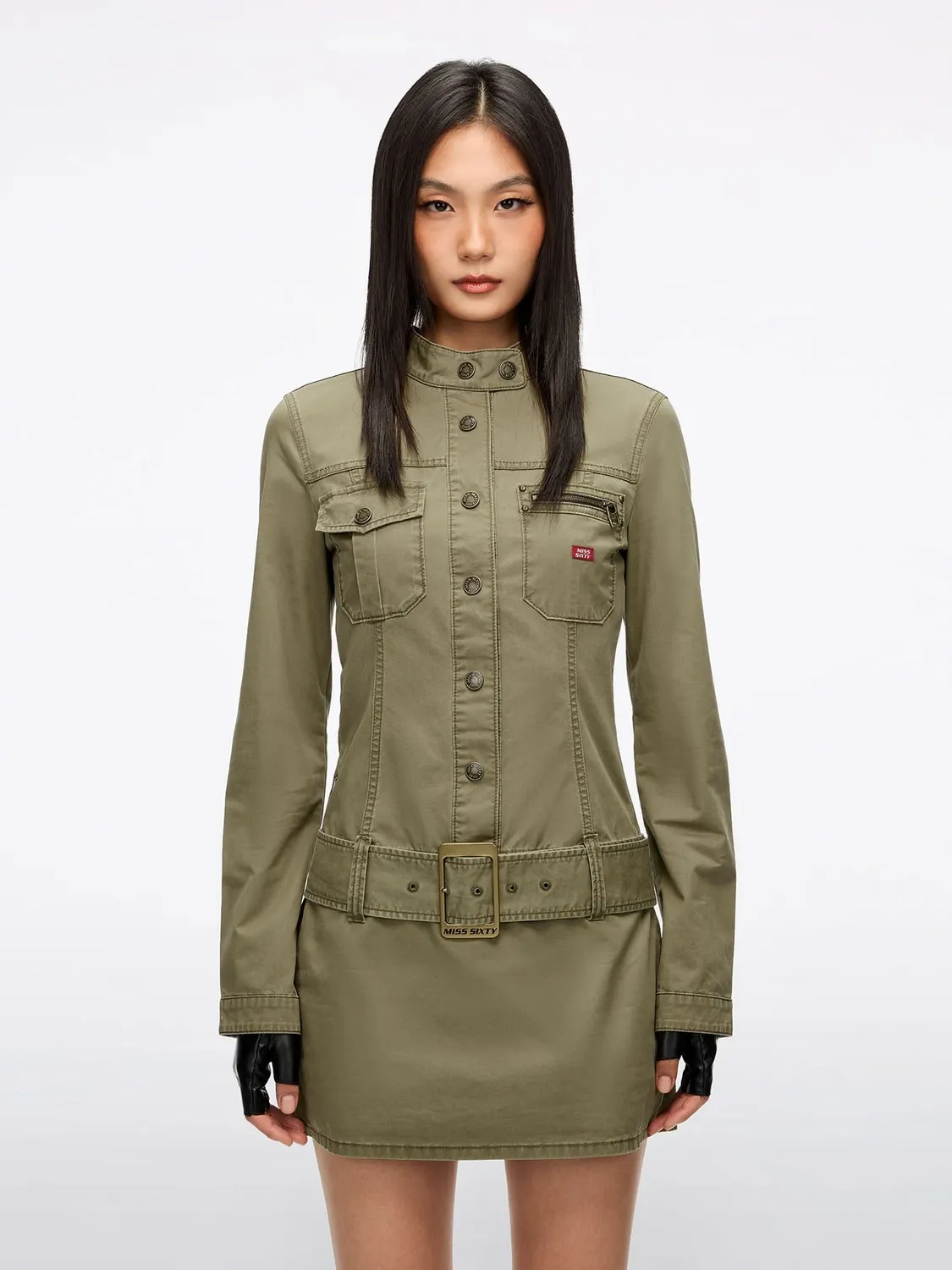 Miss Sixty bæltekjole militærgrøn twill bomuld